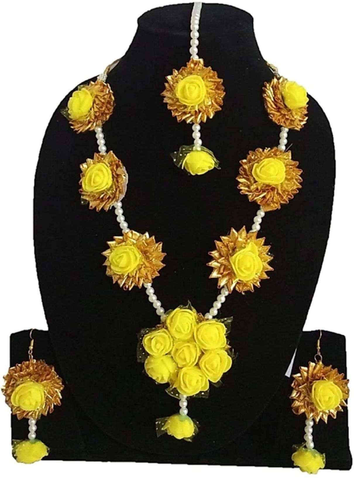 LAMANSH Necklace , Earring, Maangtika Set Yellow-Gold / Free Size / Bridal Style New Jaipur Handicraft Artificial Flower Jewellery Set