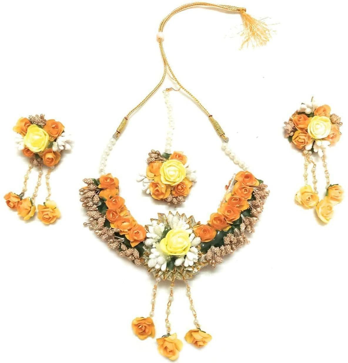 LAMANSH Necklace , Earring, Maangtika set Yellow-Gold-Green / Free Size / Bridal Style New Jaipur Handicraft Artificial Flower Jewellery Set