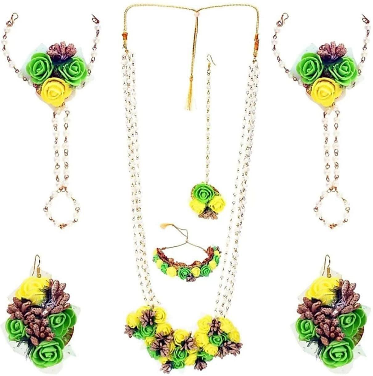 LAMANSH Necklace , Earring, Maangtika Set Yellow- green-Gold / Free Size / Bridal Style New Jaipur Handicraft Artificial Floral Jewellery Set