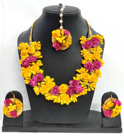 LAMANSH Necklace , Earring, Maangtika Set Yellow-Pink / Free Size / Bridal Style New Jaipur Handicraft Artificial Flower Jewellery Set