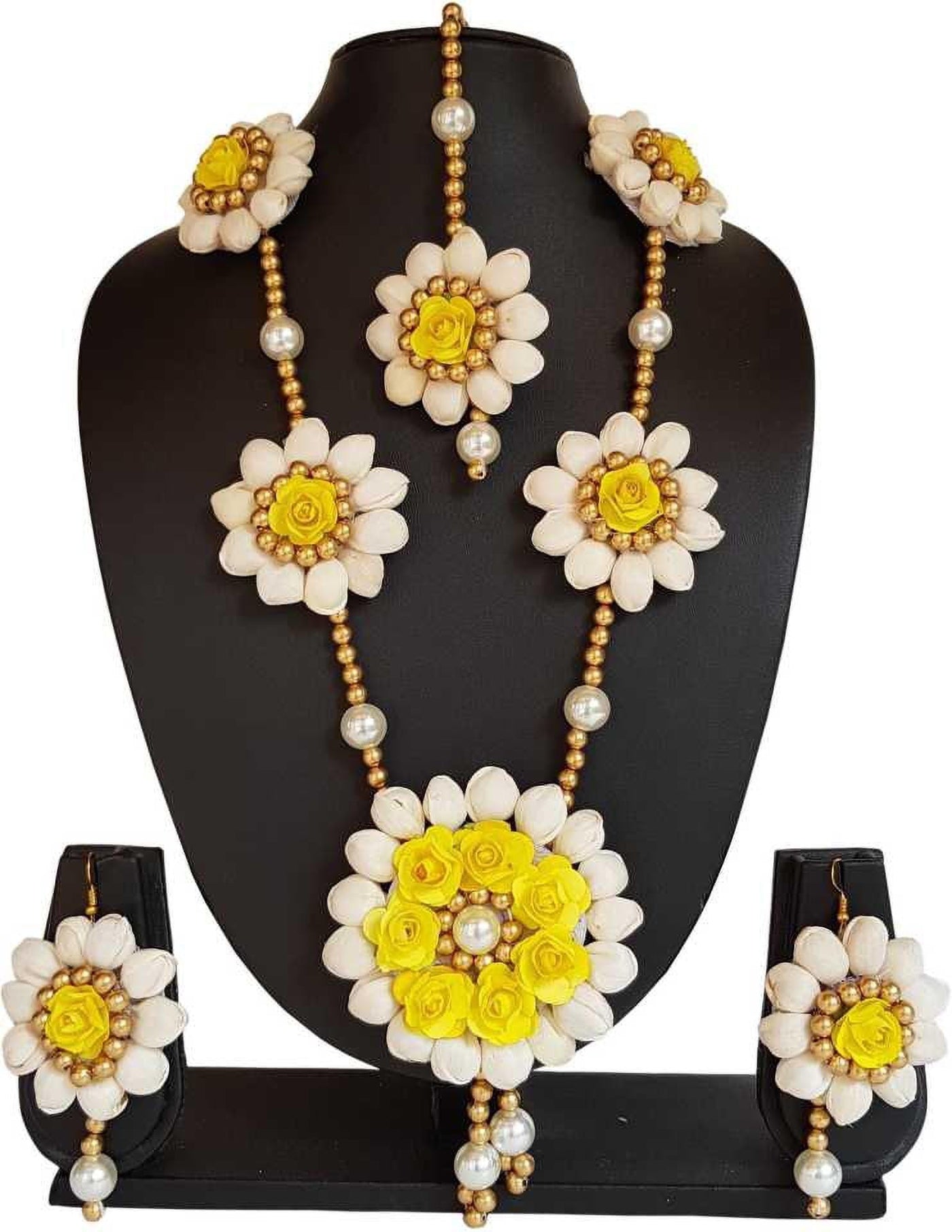 LAMANSH Necklace , Earring, Maangtika Set Yellow-White / Free Size / Bridal Style New Jaipur Handicraft Artificial Floral Jewellery Set