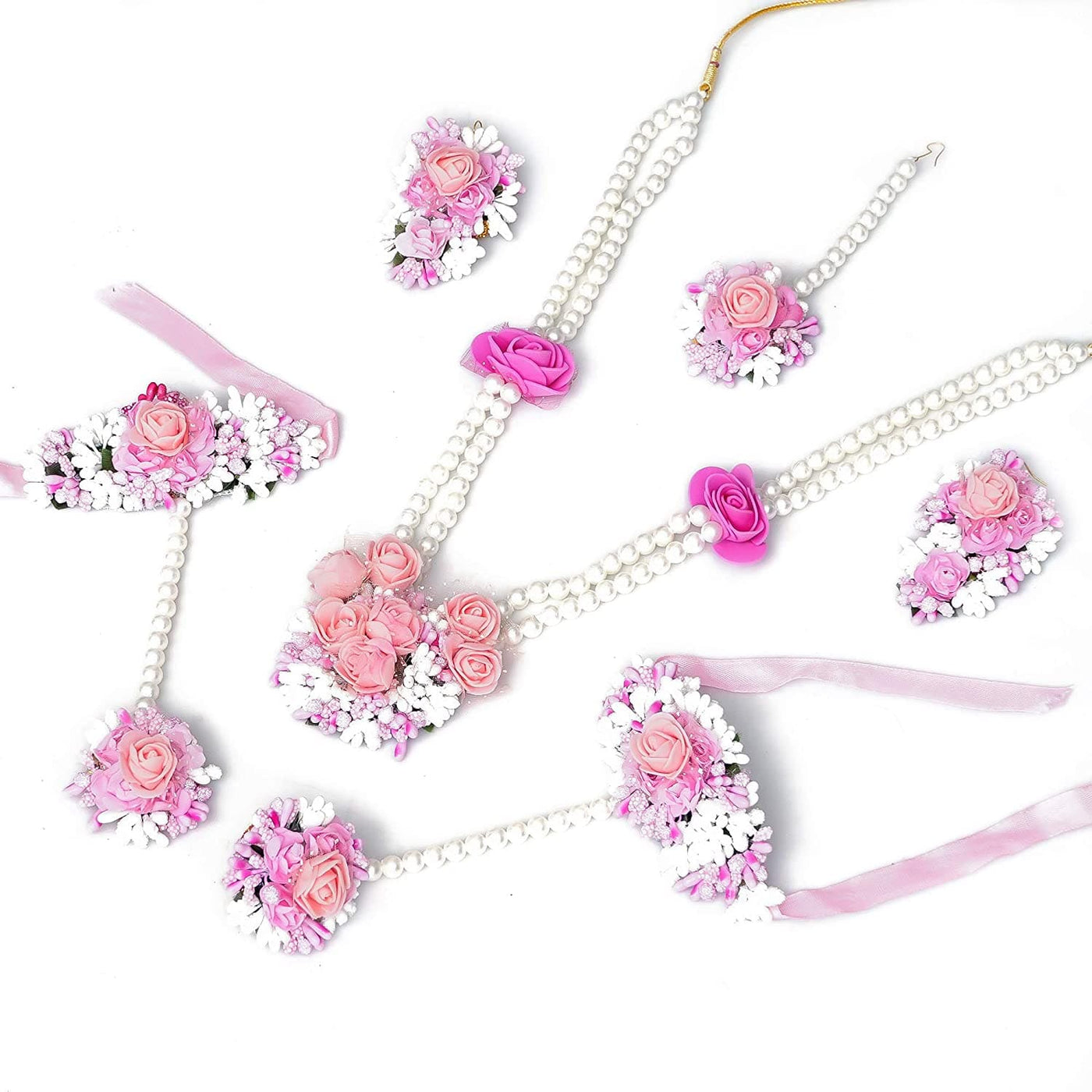 Lamansh Necklace, Earring, Maangtika, Tiara & Bracelets Set 1 Necklace, 1 Choker, 2 Earrings , 1 Maangtika , 1 Tiara & 2 Bracelets Attached With ring / Pink LAMANSH® Special Haldi Mehendi 🌺 Jewellery Set