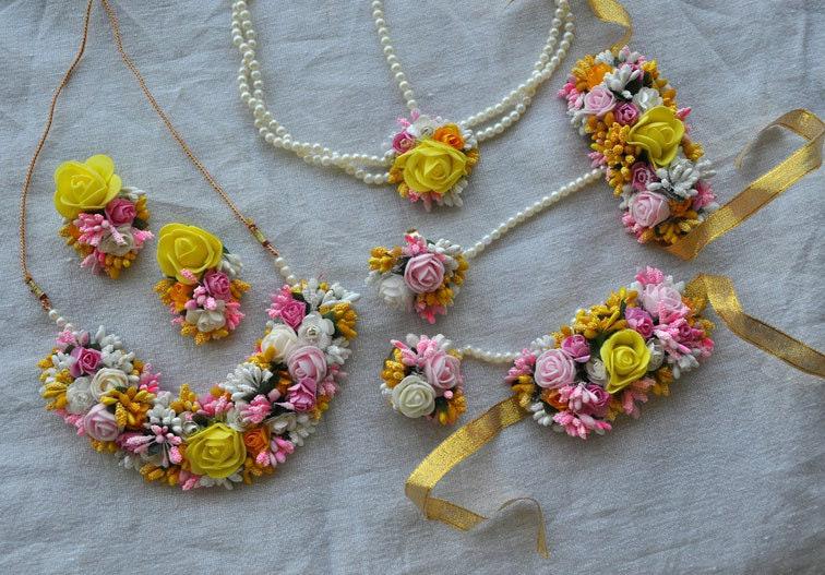 LAMANSH Necklace ,Earring, Maangtika With Side Chain & Bracelet Set Multicolor / Free Size / Bridal Look Lamansh® 🌺 Artificial Bridal Floral Jewellery Set