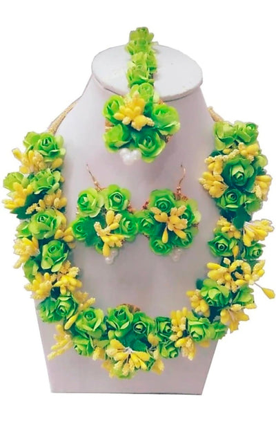LAMANSH Necklace ,Earring, Maangtika Yellow-Green / Free Size / Bridal Look Lamansh® 🌺🌹🌷Floral Jewellery Set