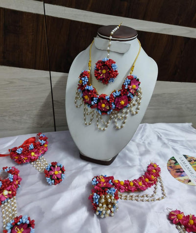 LAMANSH Necklace , Earrings , Bracelets attached to ring , Maangtikika pink - blue / Standard / Shells 🐚 Style Lamansh® Bridal Floral Jewellery Set 🌺🌻🌹🌷 / Haldi Set