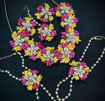 LAMANSH Necklace , Earrings , Bracelets attached to ring , Maangtikika Pink-Yellow / Standard / Shells 🐚 Style Lamansh® Shell Floral Jewellery Set 🌺🌻🌹🌷 / Haldi Set