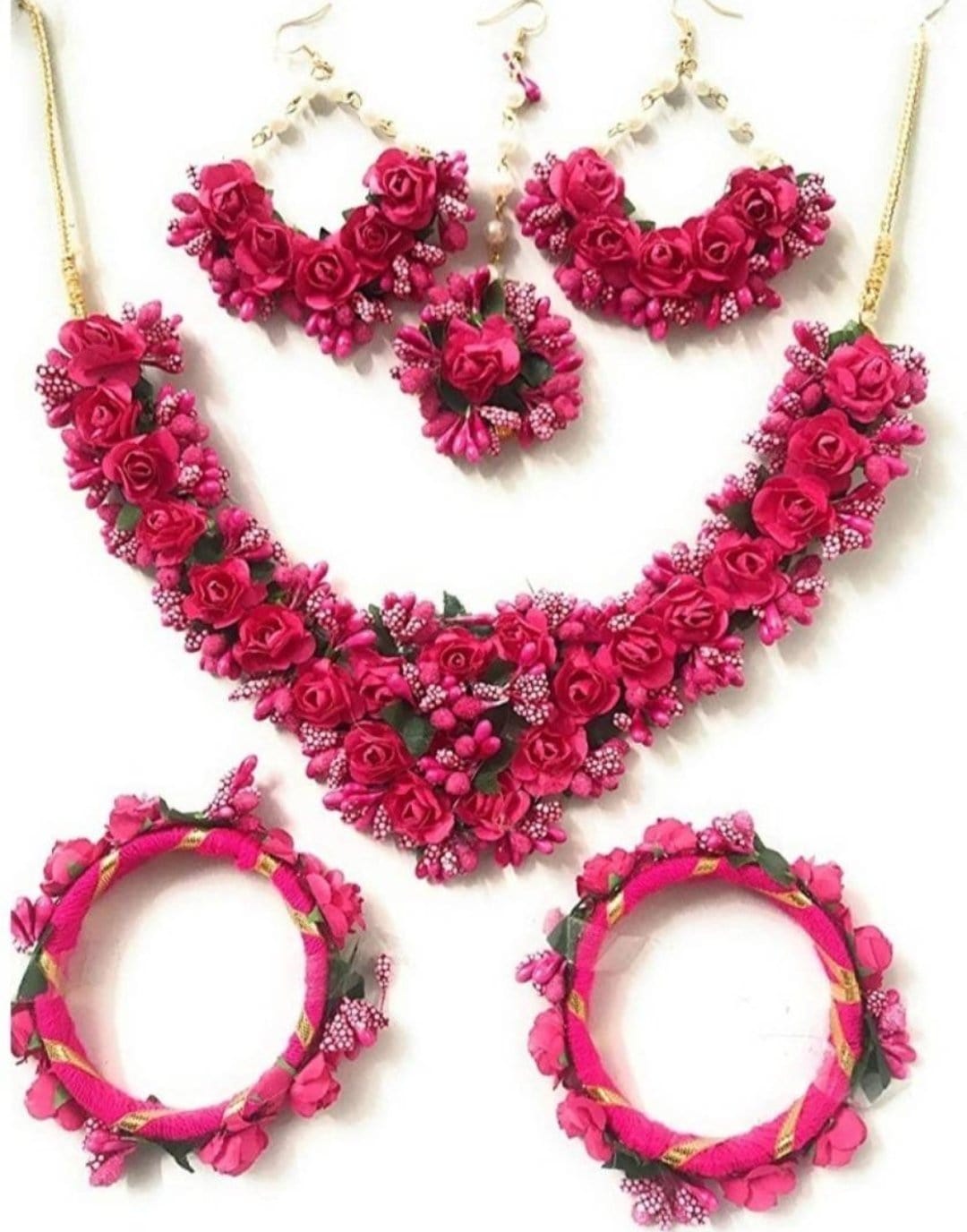 Lamansh Necklace, Earrings, Bracelets & Maangtika 1 Necklace, 2 Earrings, 2 bangles & 1 Maangtika / Pink LAMANSH® Special Haldi Mehendi 🌺 Jewellery Set