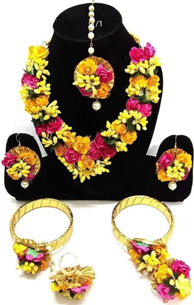 Lamansh Necklace, Earrings, Bracelets & Maangtika 1 Necklace, 2 Earrings, 2 Bangles attached to ring & 1 Maangtika / Pink -yellow LAMANSH® Special Haldi Mehendi 🌺 Jewellery Set