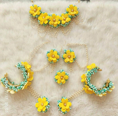 LAMANSH Necklace , Earrings , Bracelets, Maangtika set Blue - Yellow / Standard / Bridal Style Lamansh® Floral Jewellery Set 🌷 For Haldi / Haldi Set