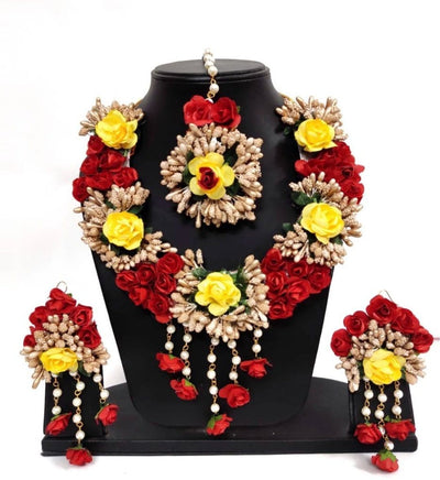 Lamansh Necklace, Earrings Maangtika 1 Necklace, 2 Earrings, & 1 Maangtika / Red yellow LAMANSH® Flower 🌺 Jewellery Set