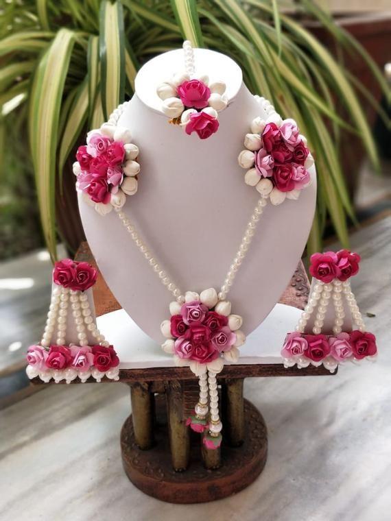 Lamansh Necklace, Earrings, Maangtika 1 Necklace, 2 Earrings & 1 Maangtika set / Pink LAMANSH® Handmade Flower Jewellery Set For Women & Girls / Haldi Set