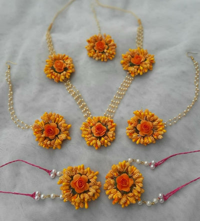 Lamansh Necklace, Earrings, Maangtika & Bracelet Attached With Ring set 1 Necklace, 2 Earrings with side chain ,1 Maangtika & 2 Bracelets / Orange LAMANSH® Flower Fabric Hand Jewellery Haldi Baby Shower Mehndi Godbharai Set For Women, Girls / Floral Jewellery Set