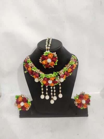 Lamansh Necklace, Earrings, Maangtika & Bracelet set 1 Necklace, 2 Earrings ,1 Maangtika & 2 Bracelet set / Red-Green-Orange LAMANSH® Special Haldi Mehendi 🌺 Jewellery Set