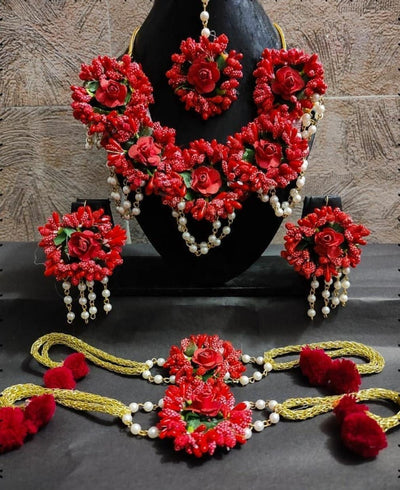 Lamansh Necklace, Earrings, Maangtika & Bracelet set 1 Necklace, 2 Earrings ,1 Maangtika & 2 Bracelet set / Red LAMANSH® Special Haldi Mehendi 🌺 Jewellery Set