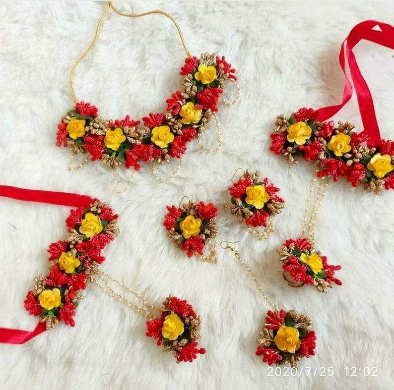 Lamansh Necklace, Earrings, Maangtika & Bracelet set 1 Necklace, 2 Earrings ,1 Maangtika & 2 Bracelet set / Yellow-Red-Gold LAMANSH® Handmade Flower Jewellery Set For Women & Girls / Haldi Set