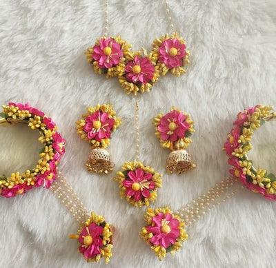 Lamansh Necklace, Earrings, Maangtika & Bracelet set 1 Necklace, 2 Jhumki Earrings ,1 Maangtika & 2 Bracelet set / Pink-Yellow LAMANSH® Designer Floral Jewellery Set for Women & Girls / Haldi Set