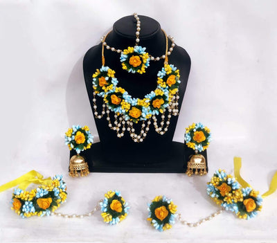 Lamansh Necklace, Earrings, Maangtika & Bracelet set 1 Necklace, 2 Jhumki Earrings ,1 Maangtika & 2 Bracelet set / Yellow-Sky Blue LAMANSH® Special Haldi Mehendi 🌺 Jewellery Set