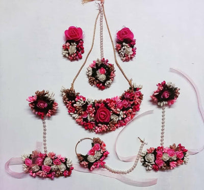 LAMANSH Necklace, Earrings, Maangtika, Ring & Nose Ring Pink-White / Free Size / Bridal Look Lamansh® 🌺🌻🌹🌷 Floral Jewellery Set