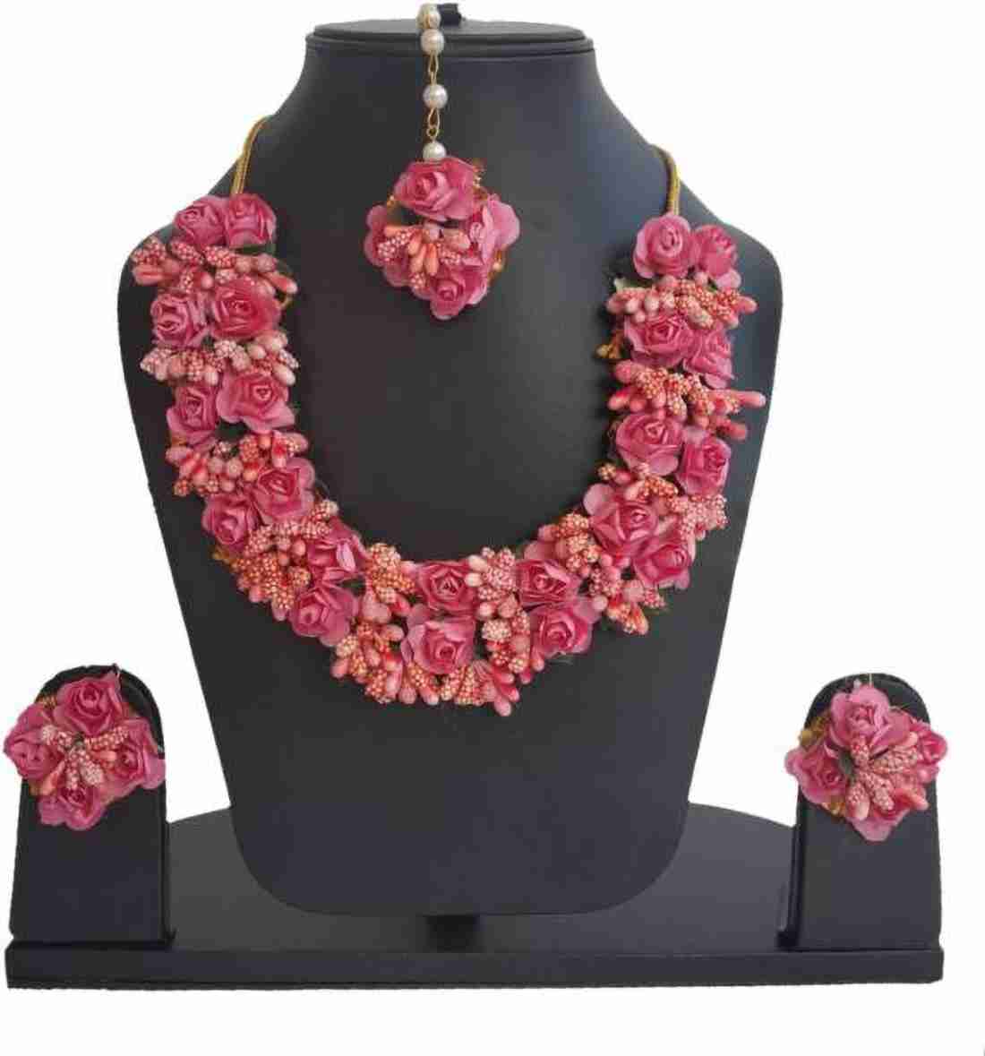 Lamansh Necklace, Earrings & Maangtika set 1 Necklace, 2 Earrings,1 Maangtika & 1 Ring set / Peach LAMANSH® Designer Floral Jewellery Set for Women & Girls / Haldi Set
