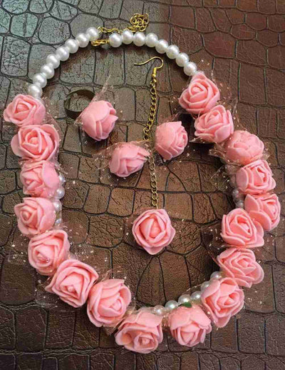 Lamansh Necklace, Earrings & Maangtika set 1 Necklace, 2 Earrings,1 Maangtika & 1 Ring set / Pink LAMANSH® Designer Floral Jewellery Set for Women & Girls / Haldi Set