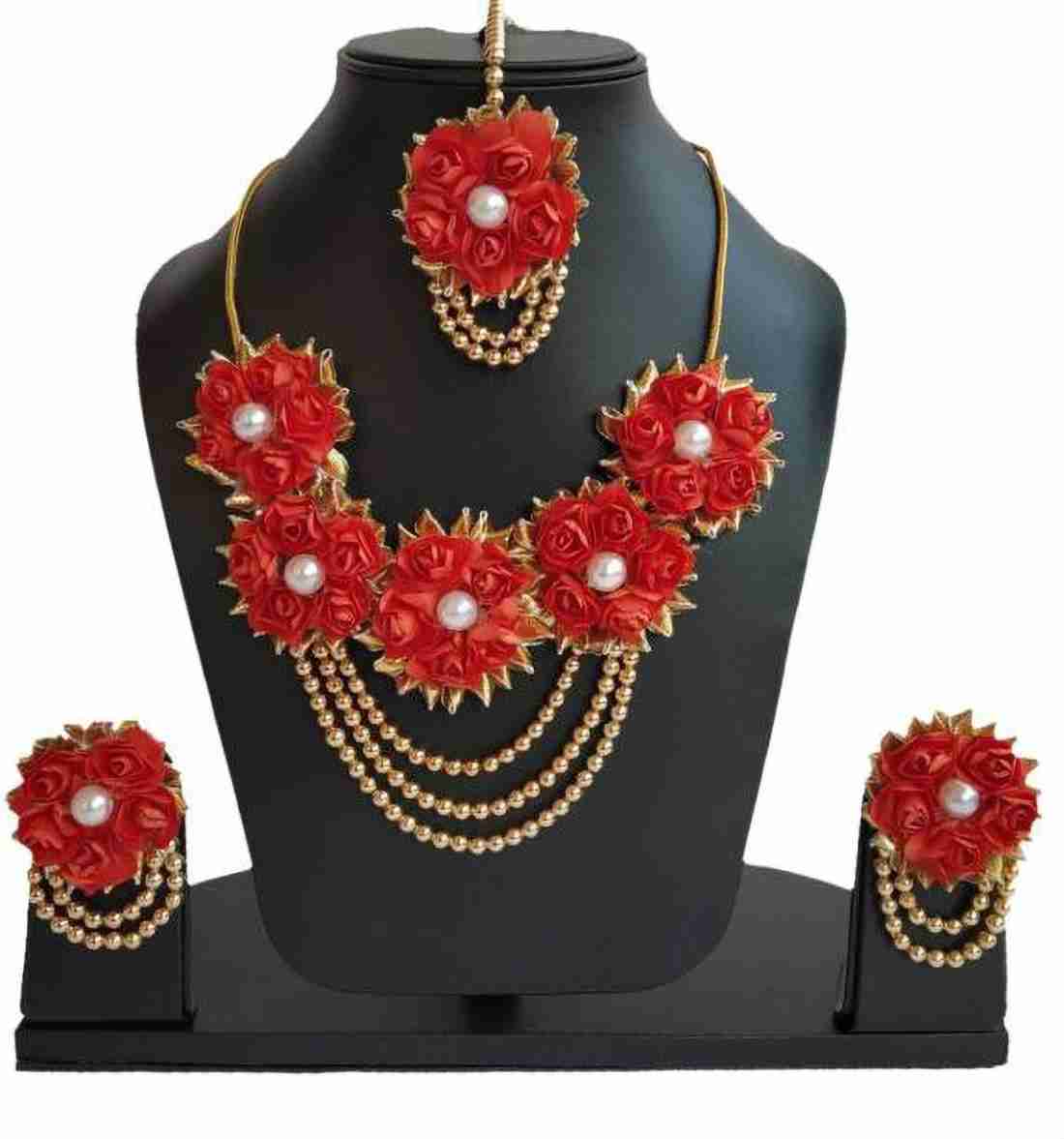 Lamansh Necklace, Earrings & Maangtika set 1 Necklace, 2 Earrings,1 Maangtika & 1 Ring set / Red-Gold LAMANSH® Designer Floral Jewellery Set for Women & Girls / Haldi Set