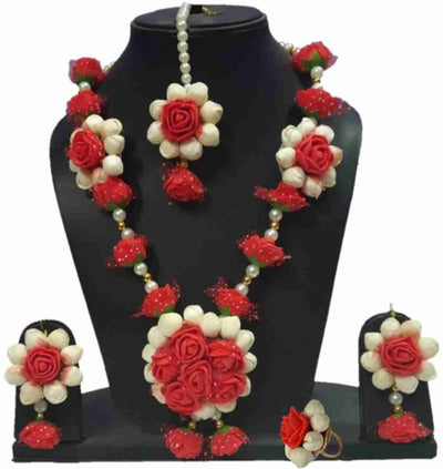Lamansh Necklace, Earrings & Maangtika set 1 Necklace, 2 Earrings & 1 Maangtika & 1 Ring set / Red LAMANSH® Designer Floral Jewellery Set for Women & Girls / Haldi Set
