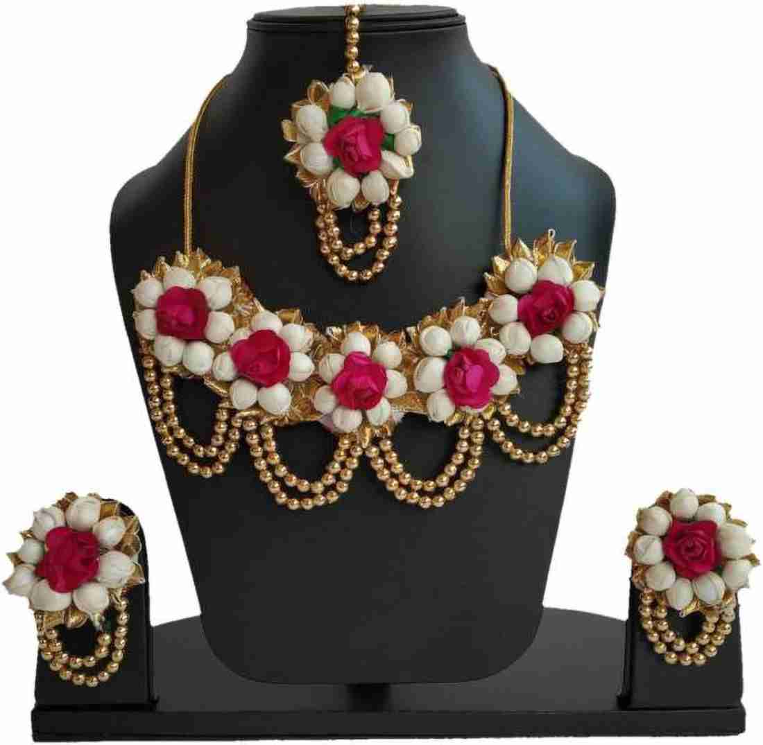 Lamansh Necklace, Earrings & Maangtika set 1 Necklace, 2 Earrings,1 Maangtika & 1 Ring set / Red-White LAMANSH® Designer Floral Jewellery Set for Women & Girls / Haldi Set