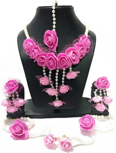 Lamansh Necklace, Earrings & Maangtika set 1 Necklace, 2 Earrings,1 Maangtika & Bracelet set Attached With Ring set / Pink LAMANSH® Designer Floral Jewellery Set for Women & Girls / Haldi Set
