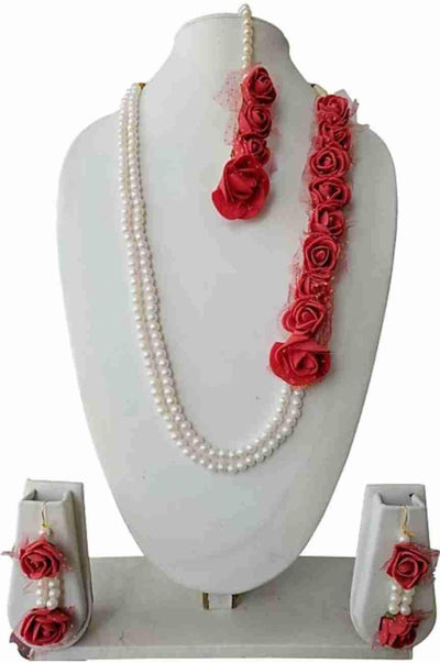 Lamansh Necklace, Earrings & Maangtika set 1 Necklace, 2 Earrings & 1 Maangtika / Red-White LAMANSH® Designer Floral Jewellery Set for Women & Girls / Haldi Set
