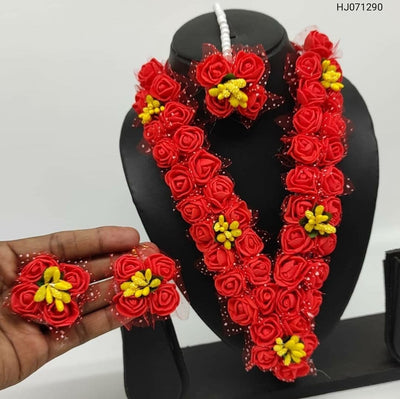 Lamansh Necklace, Earrings, Maangtika set 1 Necklace, 2 Earrings & 1 Maangtika / Red- yellow LAMANSH® Special Haldi Mehendi 🌺 Jewellery Set