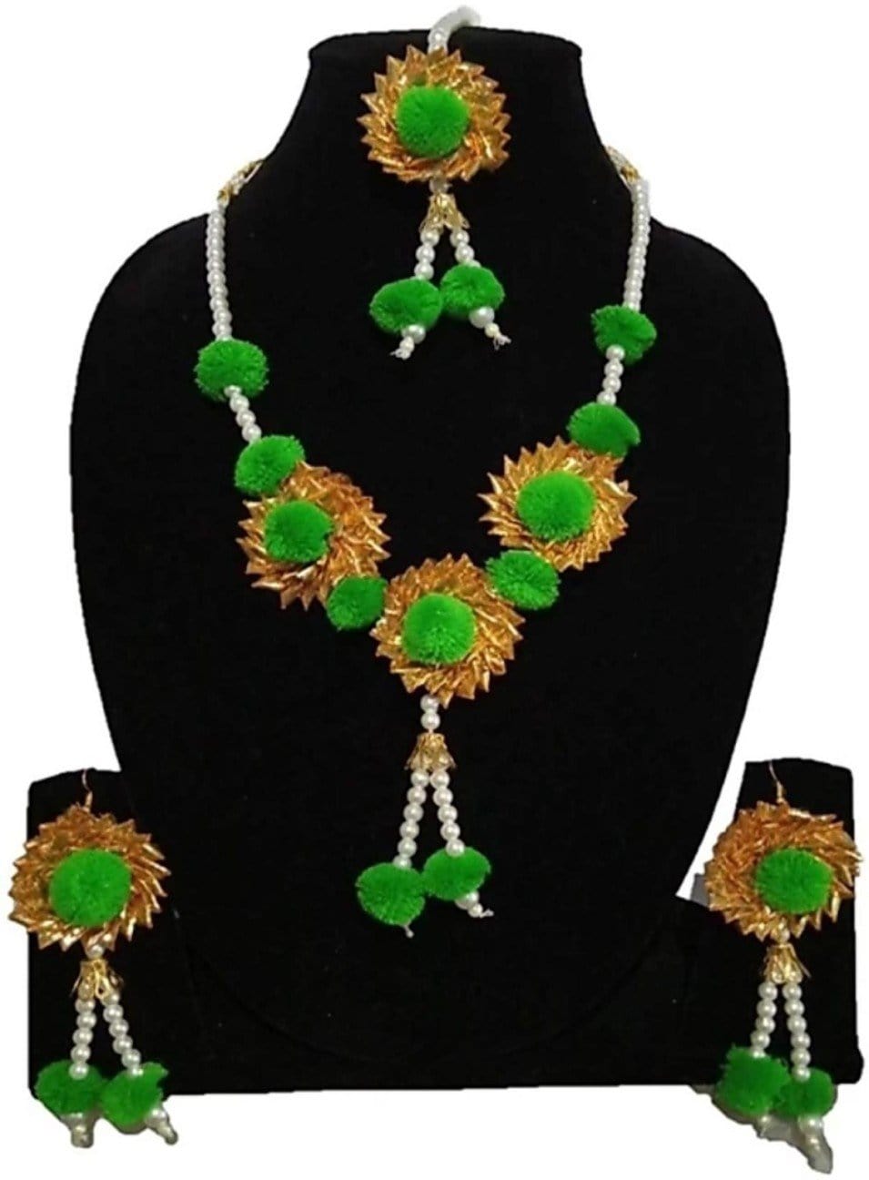 Lamansh Necklace, Earrings & Maangtika set 1 Necklace, 2 Earrings,1 Maangtika set / Green-Gold LAMANSH® Designer Floral Jewellery Set for Women & Girls / Haldi Set