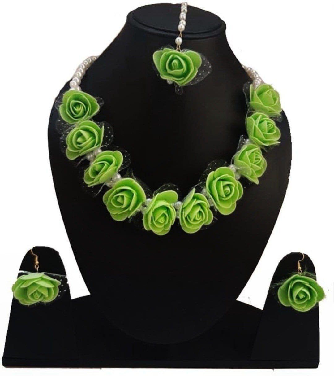 Lamansh Necklace, Earrings & Maangtika set 1 Necklace, 2 Earrings,1 Maangtika set / Green LAMANSH® Designer Floral Jewellery Set for Women & Girls / Haldi Set