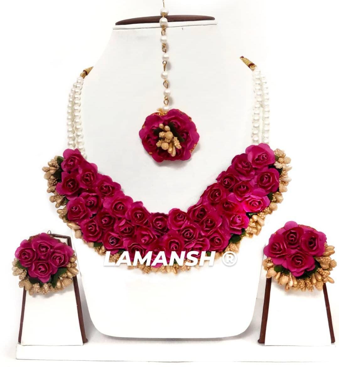 Lamansh Necklace, Earrings, Maangtika set 1 Necklace, 2  Earrings ,1 Maangtika Set / Maroon Gold LAMANSH® Handmade Flower Jewellery Set For Women & Girls / Haldi Set