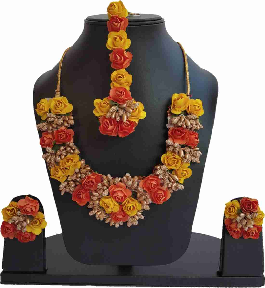 Lamansh Necklace, Earrings & Maangtika set 1 Necklace, 2 Earrings,1 Maangtika set / Orange-Gold-Yellow LAMANSH® Designer Floral Jewellery Set for Women & Girls / Haldi Set