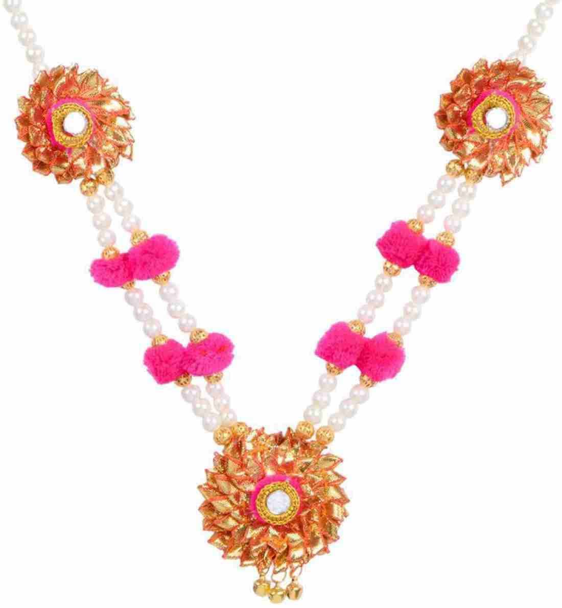 Lamansh Necklace, Earrings & Maangtika set 1 Necklace, 2 Earrings,1 Maangtika set / Pink-Gold LAMANSH® Designer Floral Jewellery Set for Women & Girls / Gota Patti Haldi Set