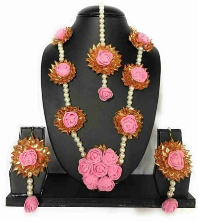 Lamansh Necklace, Earrings & Maangtika set 1 Necklace, 2 Earrings,1 Maangtika set / Pink-Gold LAMANSH® Designer Floral Jewellery Set for Women & Girls / Haldi Set