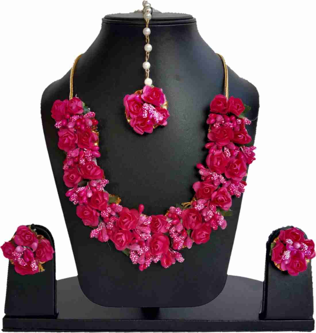 Lamansh Necklace, Earrings & Maangtika set 1 Necklace, 2 Earrings,1 Maangtika set / Pink LAMANSH® Designer Floral Jewellery Set for Women & Girls / Haldi Set