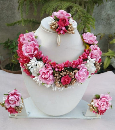 Lamansh Necklace, Earrings & Maangtika set 1 Necklace, 2 Earrings,1 Maangtika set / Pink-White-Gold LAMANSH® Designer Floral Jewellery Set for Women & Girls / Haldi Set