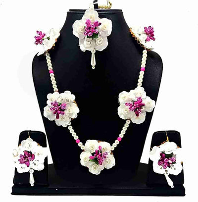 Lamansh Necklace, Earrings & Maangtika set 1 Necklace, 2 Earrings,1 Maangtika set / Pink-White LAMANSH® Designer Floral Jewellery Set for Women & Girls / Haldi Set