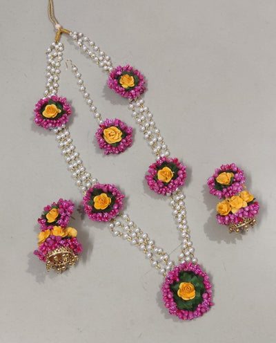 Lamansh Necklace, Earrings, Maangtika set 1 Necklace, 2 Earrings ,1 Maangtika set / Pink Yellow LAMANSH® Special Haldi Mehendi 🌺 Jewellery Set
