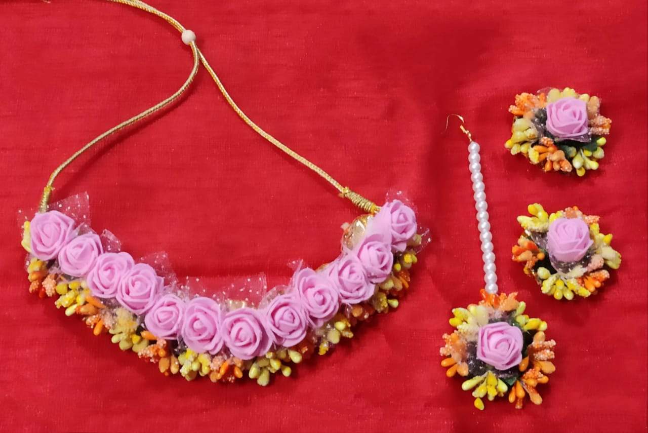 Lamansh Necklace, Earrings & Maangtika set 1 Necklace, 2 Earrings,1 Maangtika set / Pink-Yellow-Orange LAMANSH® Designer Floral Jewellery Set for Women & Girls