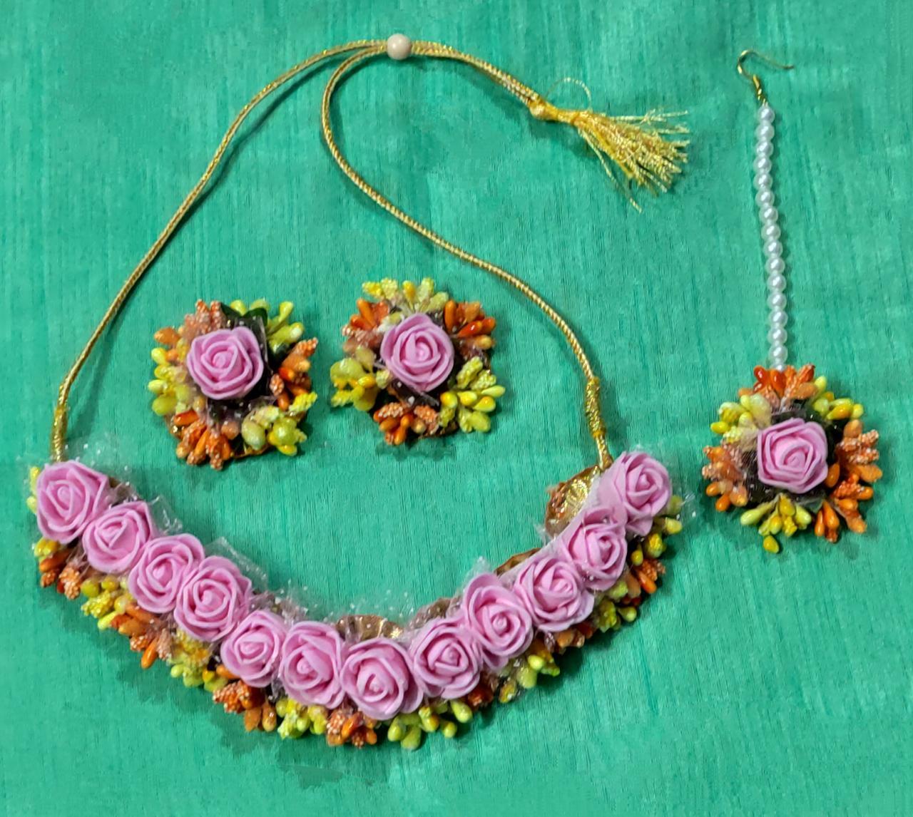 Lamansh Necklace, Earrings & Maangtika set 1 Necklace, 2 Earrings,1 Maangtika set / Pink-Yellow-Orange LAMANSH® Designer Floral Jewellery Set for Women & Girls