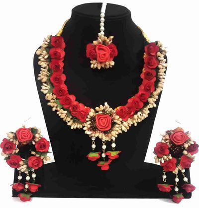 Lamansh Necklace, Earrings & Maangtika set 1 Necklace, 2 Earrings,1 Maangtika set / Red-Gold LAMANSH® Designer Floral Jewellery Set for Women & Girls / Haldi Set