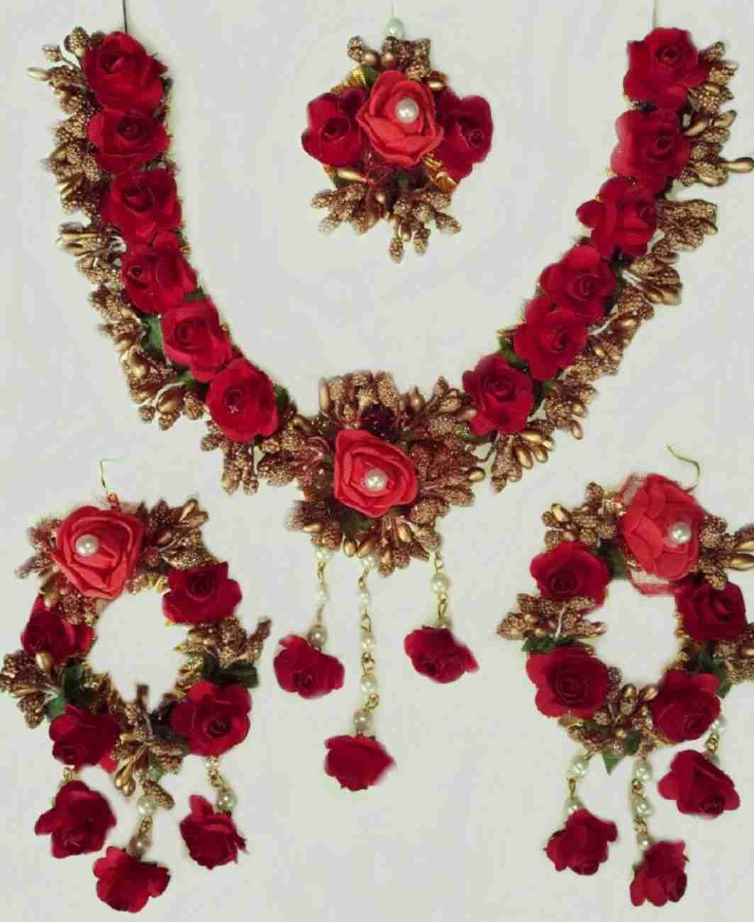 Lamansh Necklace, Earrings & Maangtika set 1 Necklace, 2 Earrings,1 Maangtika set / Red-Gold LAMANSH® Designer Floral Jewellery Set for Women & Girls / Haldi Set