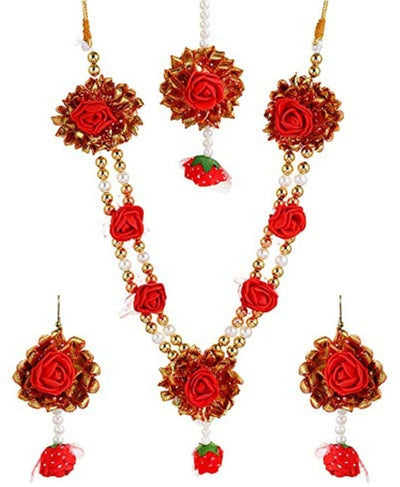 Lamansh Necklace, Earrings & Maangtika set 1 Necklace, 2 Earrings,1 Maangtika set / Red LAMANSH® Designer Floral Jewellery Set for Women & Girls / Haldi Set