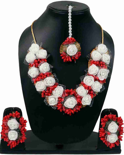 Lamansh Necklace, Earrings & Maangtika set 1 Necklace, 2 Earrings,1 Maangtika set / Red-White LAMANSH® Designer Floral Jewellery Set for Women & Girls / Haldi Set