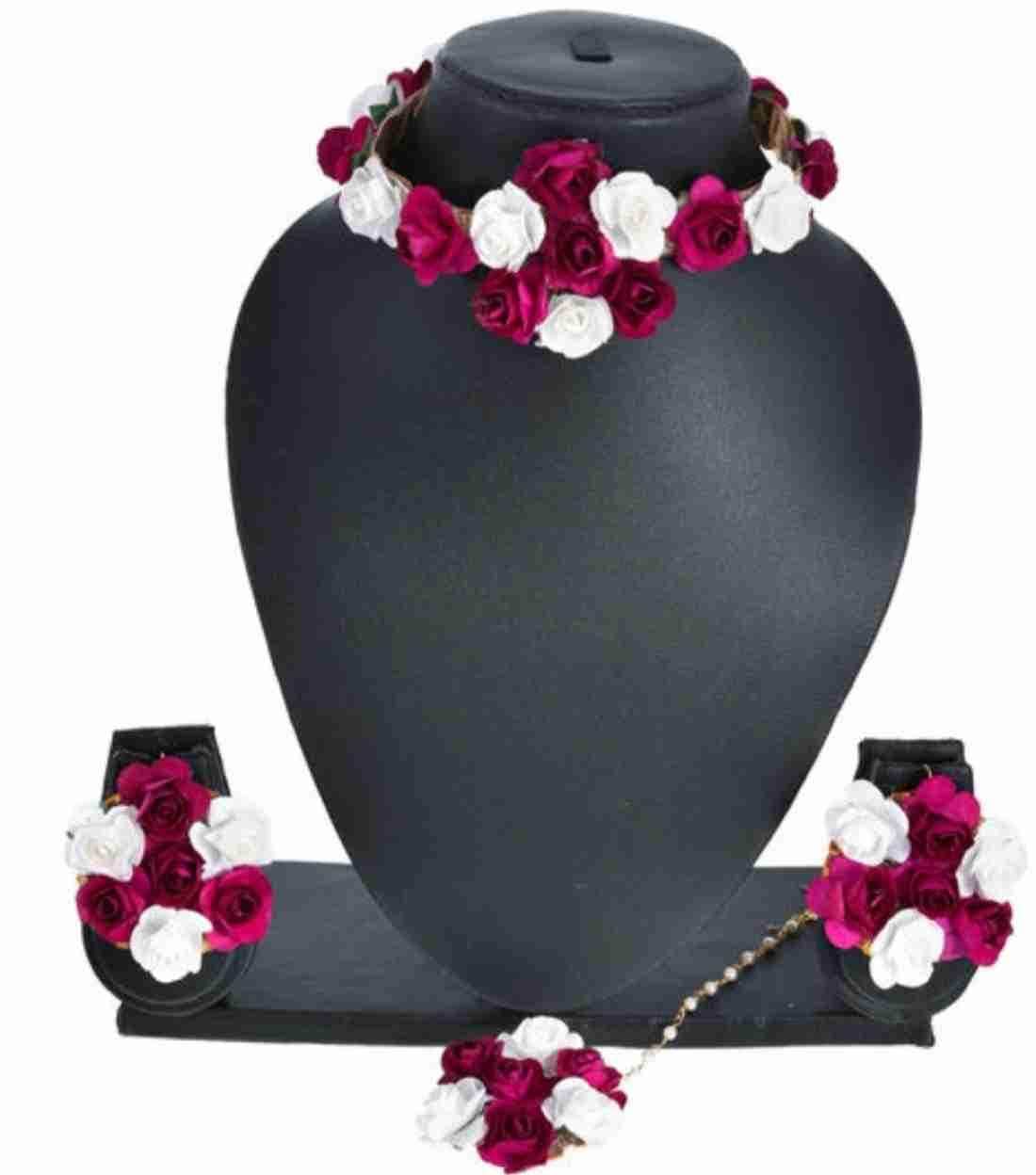 Lamansh Necklace, Earrings & Maangtika set 1 Necklace, 2 Earrings,1 Maangtika set / White-Pink LAMANSH® Designer Floral Jewellery Set for Women & Girls / Radha Krishna Serial Collection Set