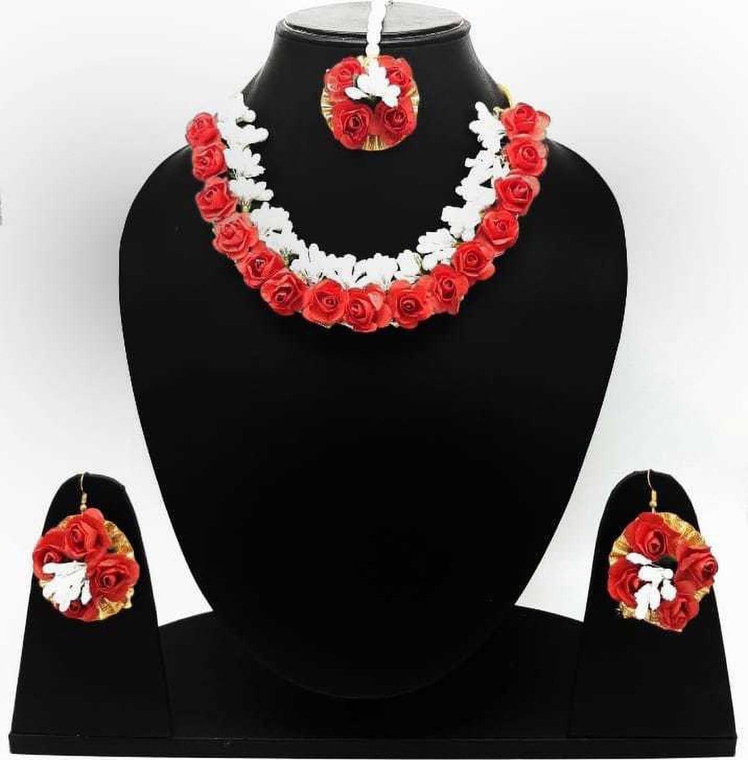 Lamansh Necklace, Earrings & Maangtika set 1 Necklace, 2 Earrings,1 Maangtika set / White-Red LAMANSH® Designer Floral Jewellery Set for Women & Girls / Haldi Set