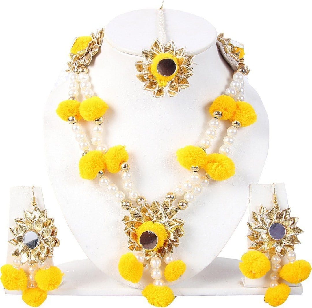 Lamansh Necklace, Earrings & Maangtika set 1 Necklace, 2 Earrings & 1 Maangtika set / Yellow LAMANSH® Designer Floral Jewellery Set for Women & Girls / Haldi Set