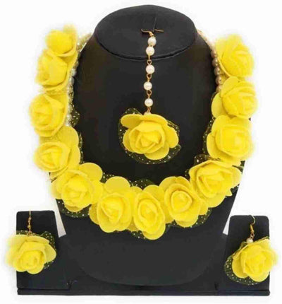 Lamansh Necklace, Earrings & Maangtika set 1 Necklace, 2 Earrings & 1 Maangtika set / Yellow LAMANSH® Designer Floral Jewellery Set for Women & Girls / Haldi Set